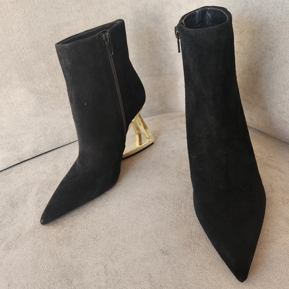 Gianni Bini heels boots 5.5 black suede golden architectural heel pointy new$140 - Picture 6 of 16